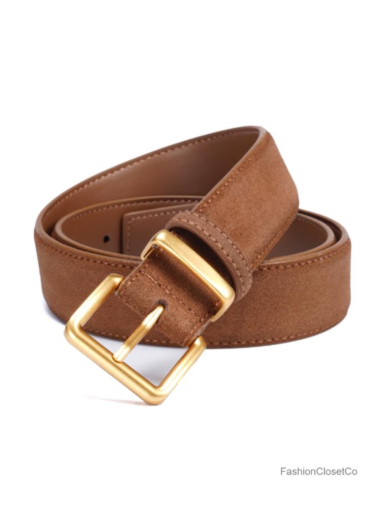 Genuine Leather & Suede Women's Belt With Gold Buckle - Adjustable Waist Casual